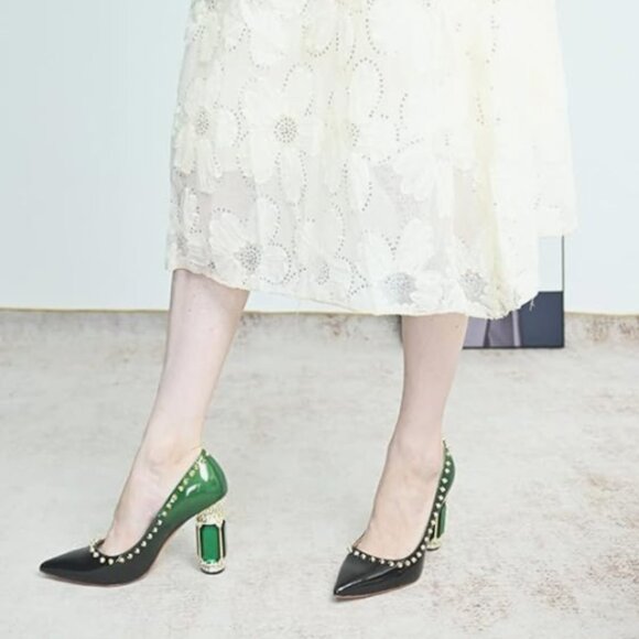 FSJ Green Bridal Pointed Toe Chunky High Heel Crystal Pumps Wedding Dress Shoes - Picture 1 of 8